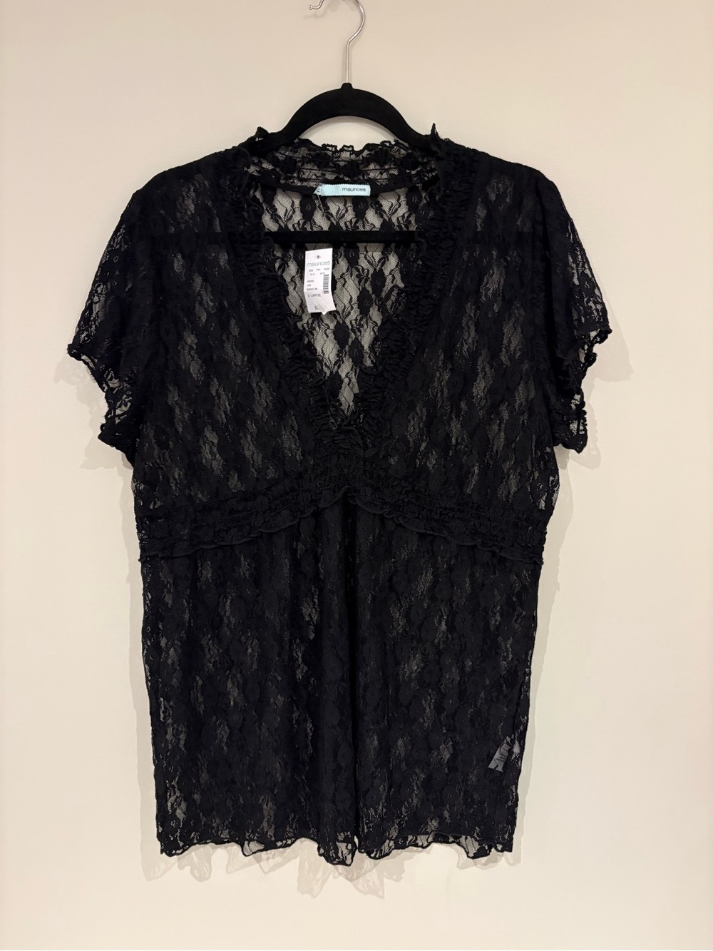 Black Lace V-Neck Sheer Lace Top New with Tags